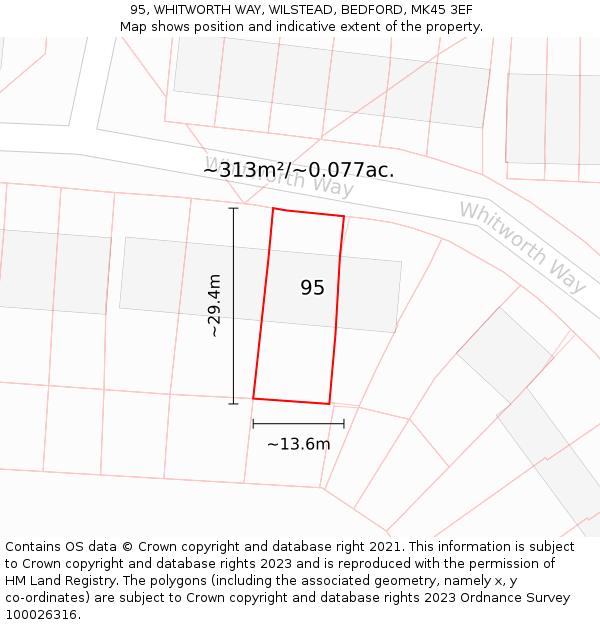 95, WHITWORTH WAY, WILSTEAD, BEDFORD, MK45 3EF: Plot and title map