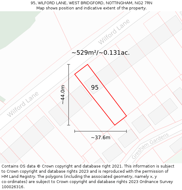 95, WILFORD LANE, WEST BRIDGFORD, NOTTINGHAM, NG2 7RN: Plot and title map