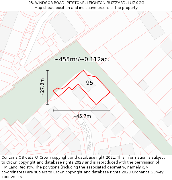 95, WINDSOR ROAD, PITSTONE, LEIGHTON BUZZARD, LU7 9GG: Plot and title map