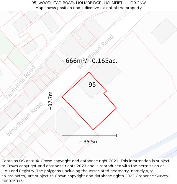 95, WOODHEAD ROAD, HOLMBRIDGE, HOLMFIRTH, HD9 2NW: Plot and title map