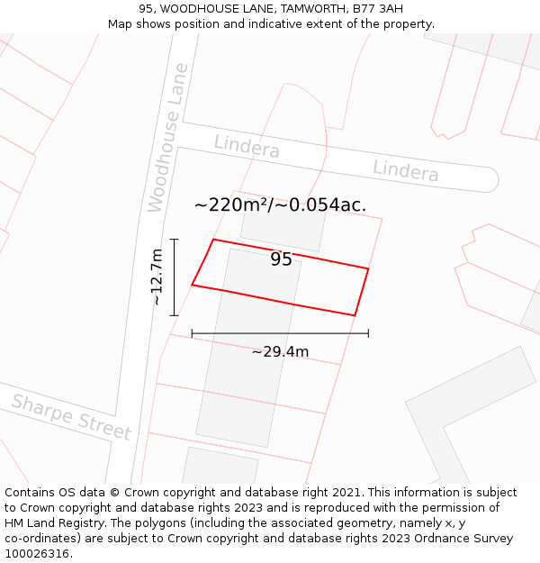 95, WOODHOUSE LANE, TAMWORTH, B77 3AH: Plot and title map