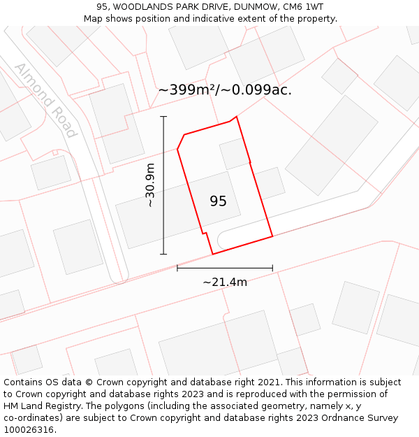 95, WOODLANDS PARK DRIVE, DUNMOW, CM6 1WT: Plot and title map