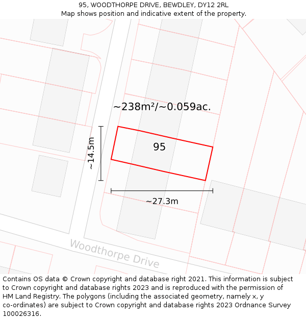 95, WOODTHORPE DRIVE, BEWDLEY, DY12 2RL: Plot and title map