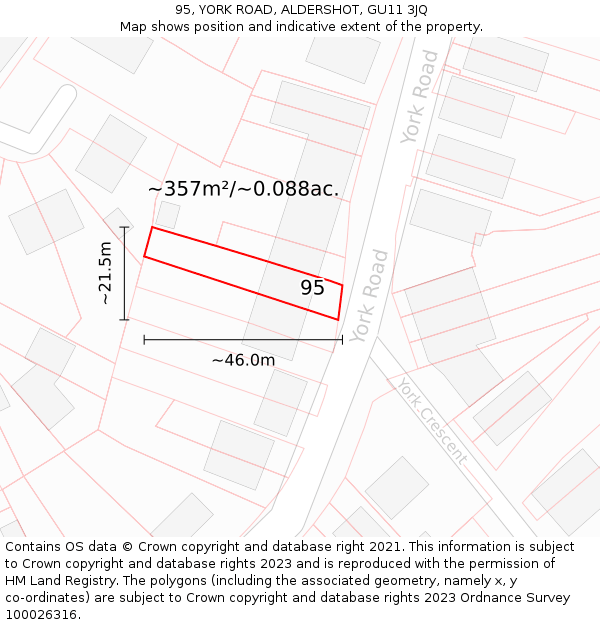 95, YORK ROAD, ALDERSHOT, GU11 3JQ: Plot and title map