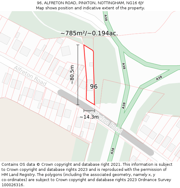 96, ALFRETON ROAD, PINXTON, NOTTINGHAM, NG16 6JY: Plot and title map