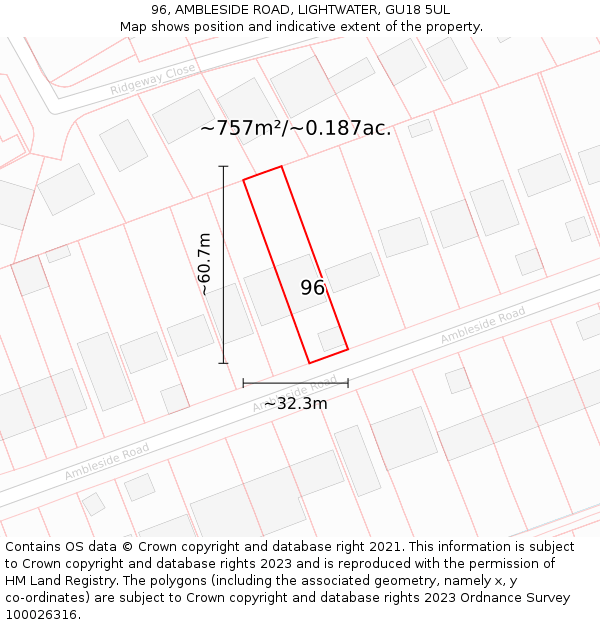 96, AMBLESIDE ROAD, LIGHTWATER, GU18 5UL: Plot and title map