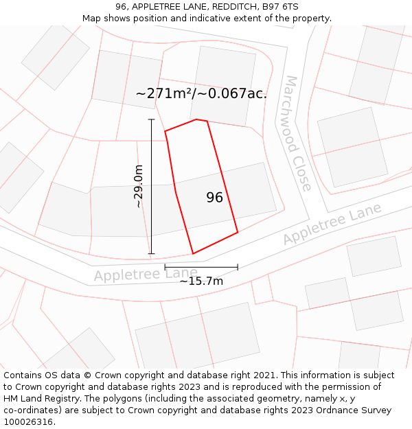 96, APPLETREE LANE, REDDITCH, B97 6TS: Plot and title map