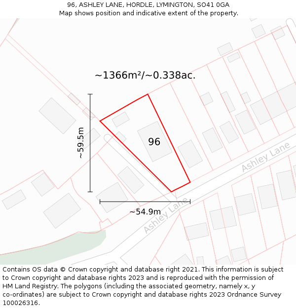 96, ASHLEY LANE, HORDLE, LYMINGTON, SO41 0GA: Plot and title map