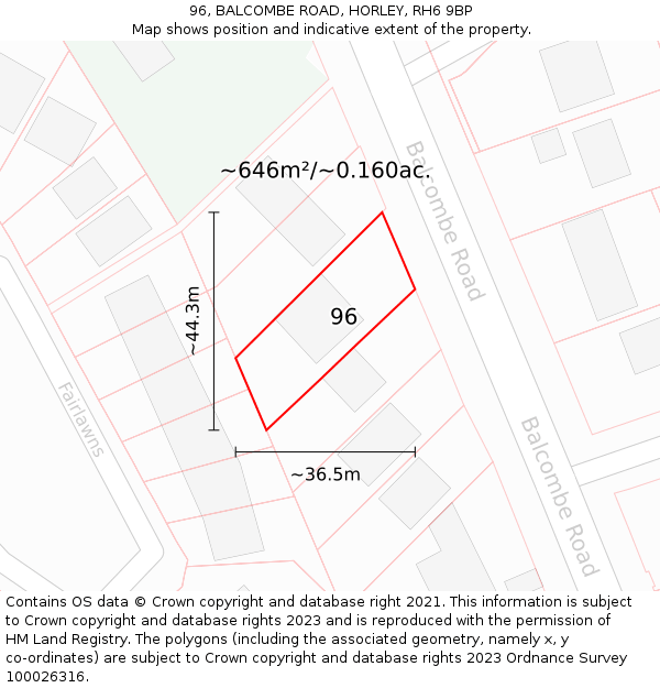 96, BALCOMBE ROAD, HORLEY, RH6 9BP: Plot and title map