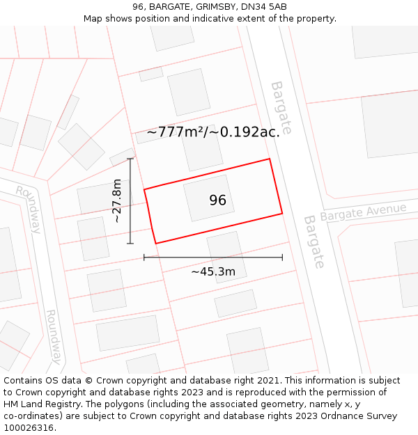 96, BARGATE, GRIMSBY, DN34 5AB: Plot and title map
