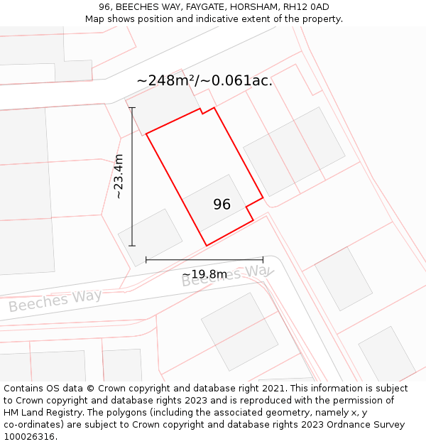 96, BEECHES WAY, FAYGATE, HORSHAM, RH12 0AD: Plot and title map