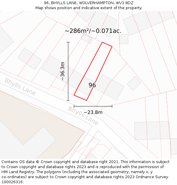 96, BHYLLS LANE, WOLVERHAMPTON, WV3 8DZ: Plot and title map