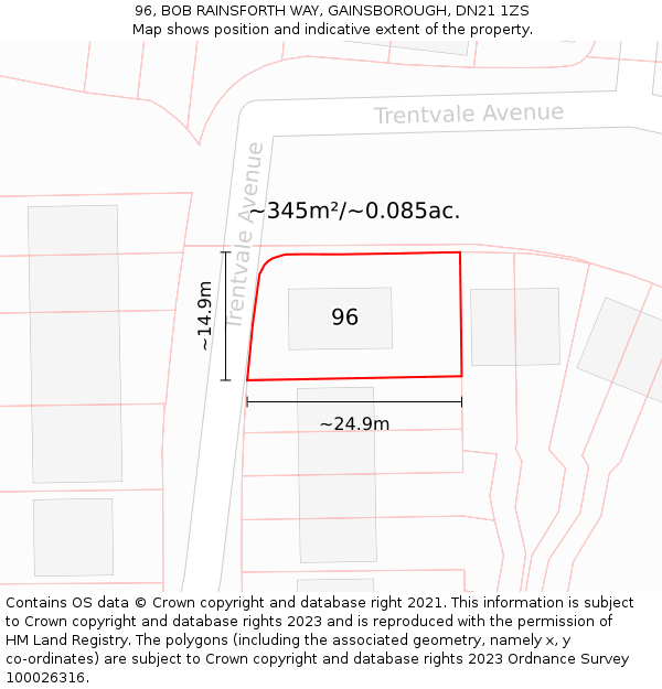 96, BOB RAINSFORTH WAY, GAINSBOROUGH, DN21 1ZS: Plot and title map