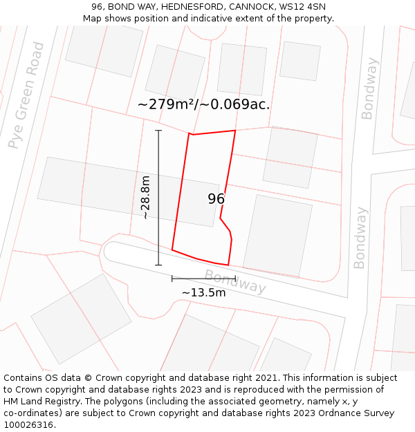 96, BOND WAY, HEDNESFORD, CANNOCK, WS12 4SN: Plot and title map