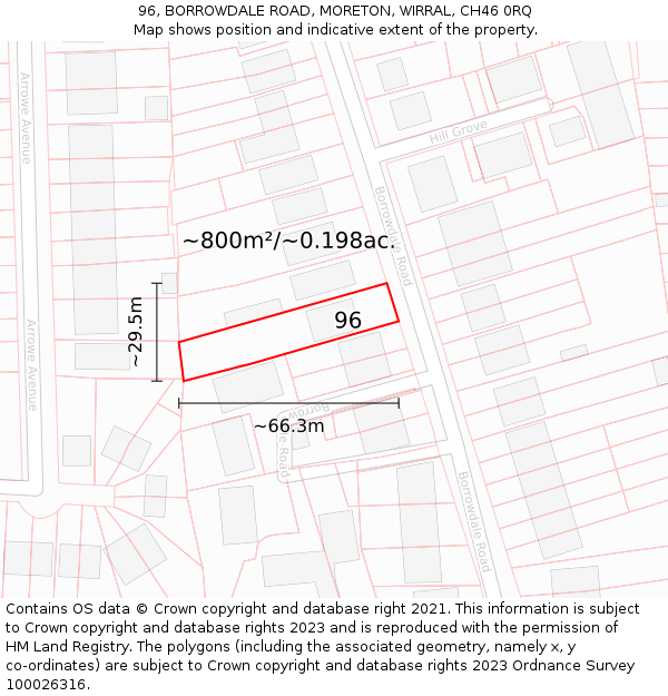 96, BORROWDALE ROAD, MORETON, WIRRAL, CH46 0RQ: Plot and title map