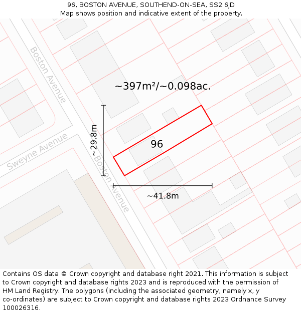 96, BOSTON AVENUE, SOUTHEND-ON-SEA, SS2 6JD: Plot and title map