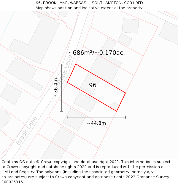 96, BROOK LANE, WARSASH, SOUTHAMPTON, SO31 9FD: Plot and title map