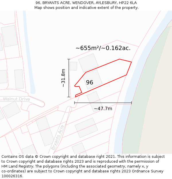 96, BRYANTS ACRE, WENDOVER, AYLESBURY, HP22 6LA: Plot and title map