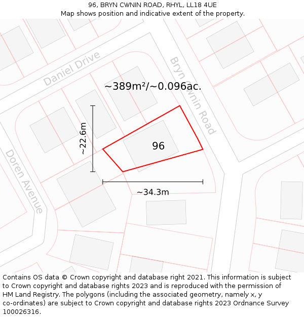 96, BRYN CWNIN ROAD, RHYL, LL18 4UE: Plot and title map