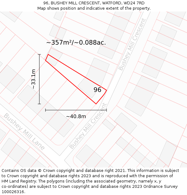 96, BUSHEY MILL CRESCENT, WATFORD, WD24 7RD: Plot and title map