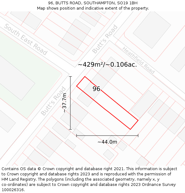 96, BUTTS ROAD, SOUTHAMPTON, SO19 1BH: Plot and title map