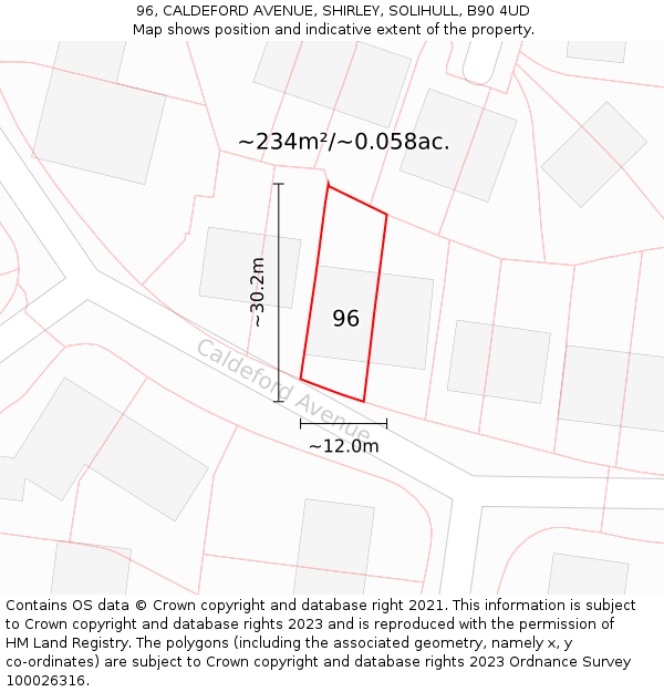 96, CALDEFORD AVENUE, SHIRLEY, SOLIHULL, B90 4UD: Plot and title map