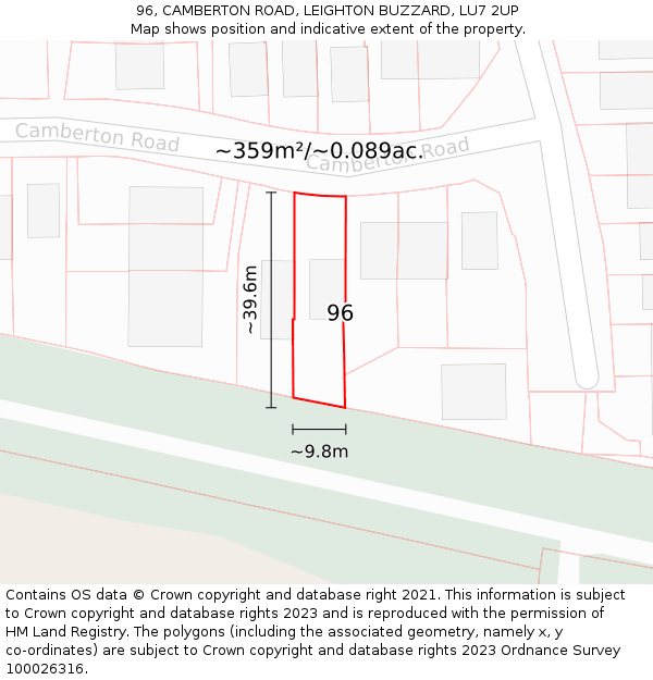 96, CAMBERTON ROAD, LEIGHTON BUZZARD, LU7 2UP: Plot and title map