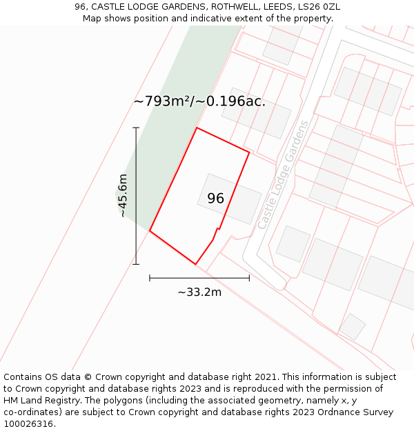 96, CASTLE LODGE GARDENS, ROTHWELL, LEEDS, LS26 0ZL: Plot and title map