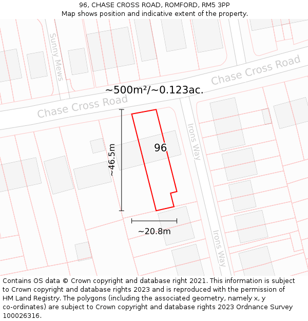 96, CHASE CROSS ROAD, ROMFORD, RM5 3PP: Plot and title map