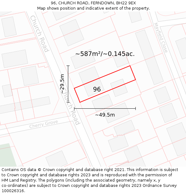 96, CHURCH ROAD, FERNDOWN, BH22 9EX: Plot and title map