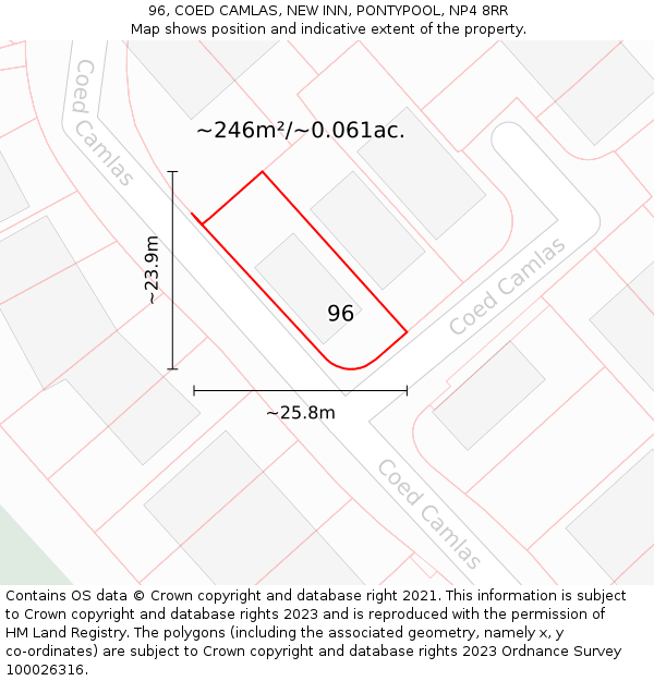 96, COED CAMLAS, NEW INN, PONTYPOOL, NP4 8RR: Plot and title map