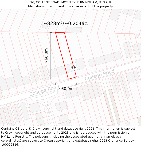 96, COLLEGE ROAD, MOSELEY, BIRMINGHAM, B13 9LP: Plot and title map