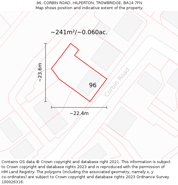 96, CORBIN ROAD, HILPERTON, TROWBRIDGE, BA14 7FN: Plot and title map