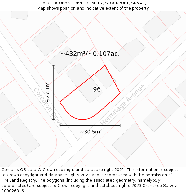 96, CORCORAN DRIVE, ROMILEY, STOCKPORT, SK6 4JQ: Plot and title map