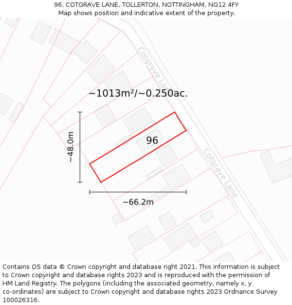 96, COTGRAVE LANE, TOLLERTON, NOTTINGHAM, NG12 4FY: Plot and title map