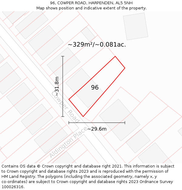 96, COWPER ROAD, HARPENDEN, AL5 5NH: Plot and title map