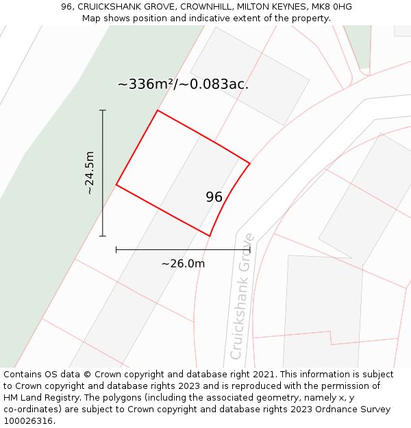 96, CRUICKSHANK GROVE, CROWNHILL, MILTON KEYNES, MK8 0HG: Plot and title map