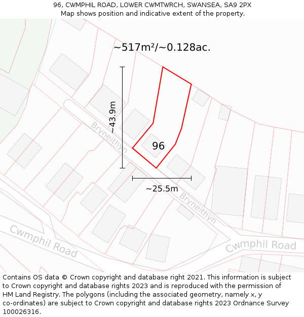 96, CWMPHIL ROAD, LOWER CWMTWRCH, SWANSEA, SA9 2PX: Plot and title map