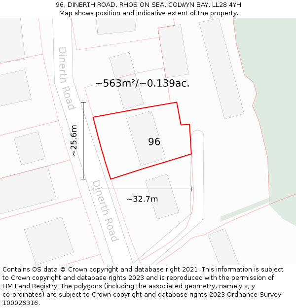 96, DINERTH ROAD, RHOS ON SEA, COLWYN BAY, LL28 4YH: Plot and title map