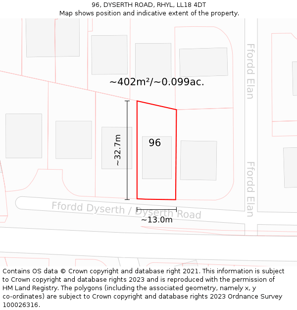 96, DYSERTH ROAD, RHYL, LL18 4DT: Plot and title map