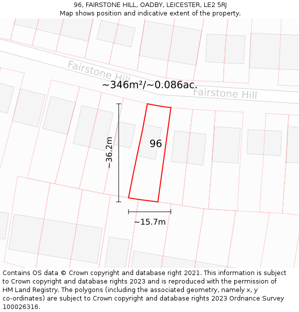 96, FAIRSTONE HILL, OADBY, LEICESTER, LE2 5RJ: Plot and title map