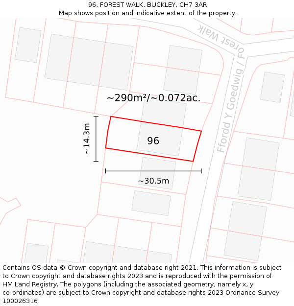 96, FOREST WALK, BUCKLEY, CH7 3AR: Plot and title map