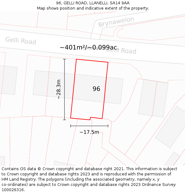 96, GELLI ROAD, LLANELLI, SA14 9AA: Plot and title map