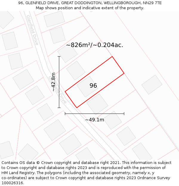 96, GLENFIELD DRIVE, GREAT DODDINGTON, WELLINGBOROUGH, NN29 7TE: Plot and title map