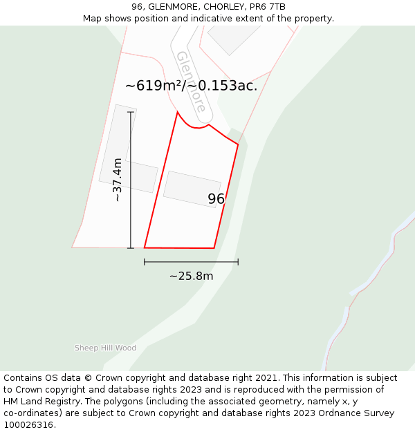 96, GLENMORE, CHORLEY, PR6 7TB: Plot and title map