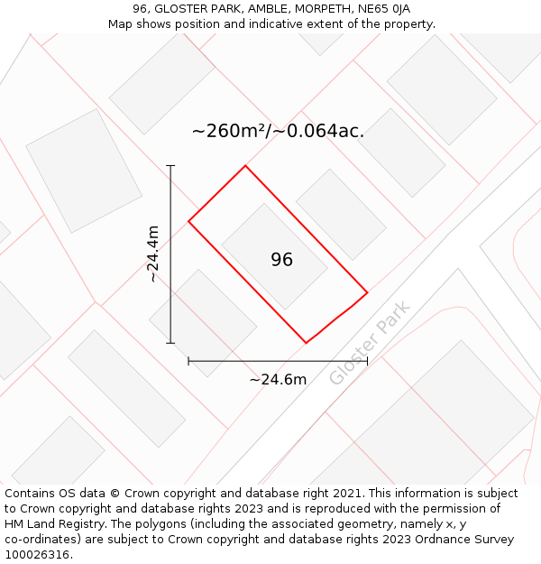 96, GLOSTER PARK, AMBLE, MORPETH, NE65 0JA: Plot and title map