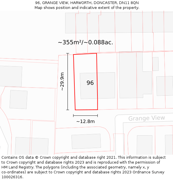 96, GRANGE VIEW, HARWORTH, DONCASTER, DN11 8QN: Plot and title map