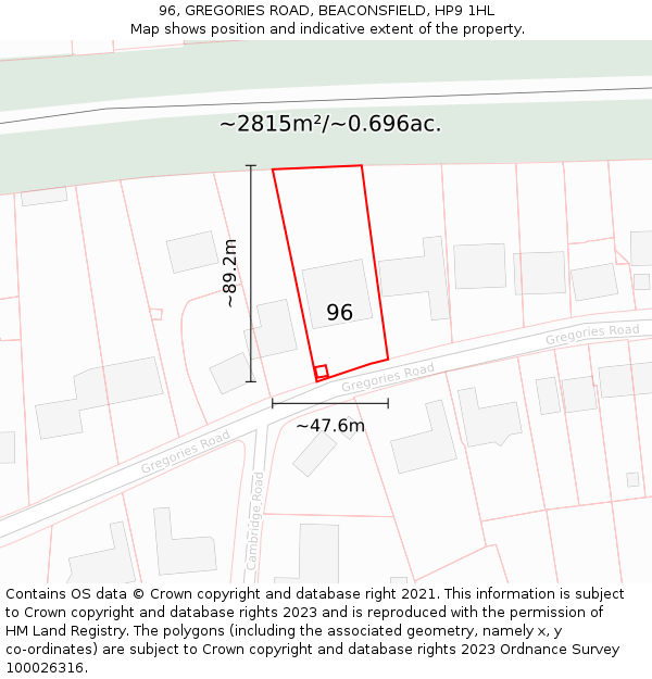 96, GREGORIES ROAD, BEACONSFIELD, HP9 1HL: Plot and title map