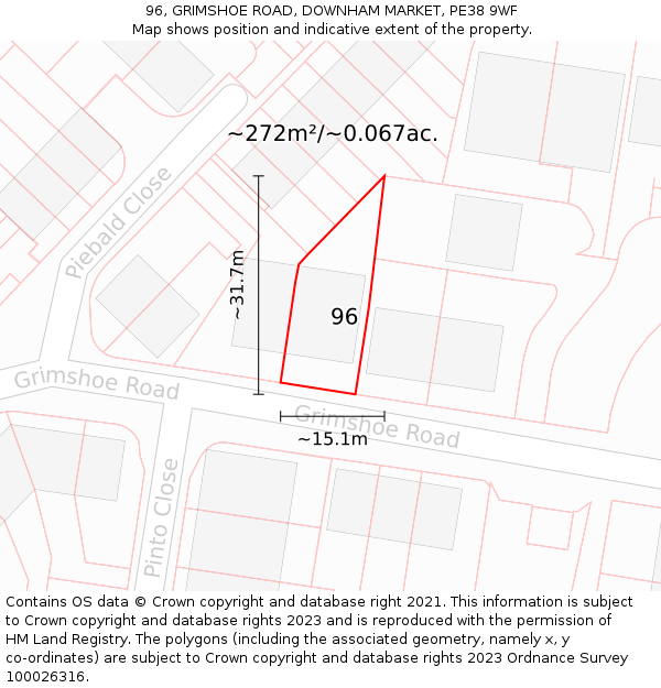 96, GRIMSHOE ROAD, DOWNHAM MARKET, PE38 9WF: Plot and title map