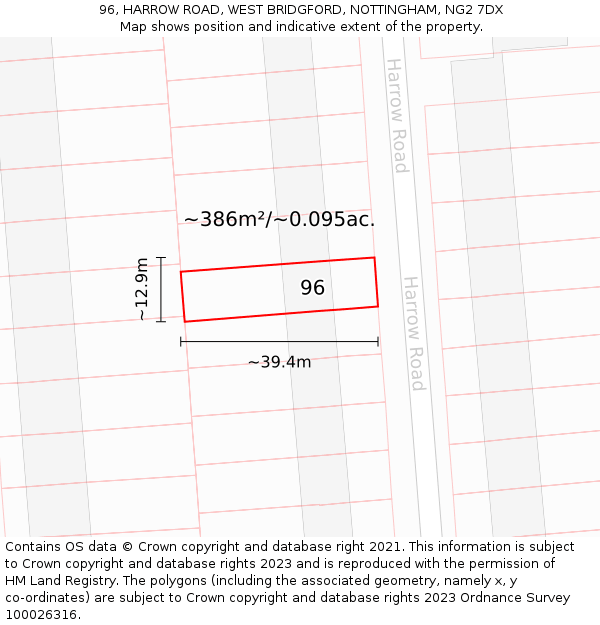 96, HARROW ROAD, WEST BRIDGFORD, NOTTINGHAM, NG2 7DX: Plot and title map